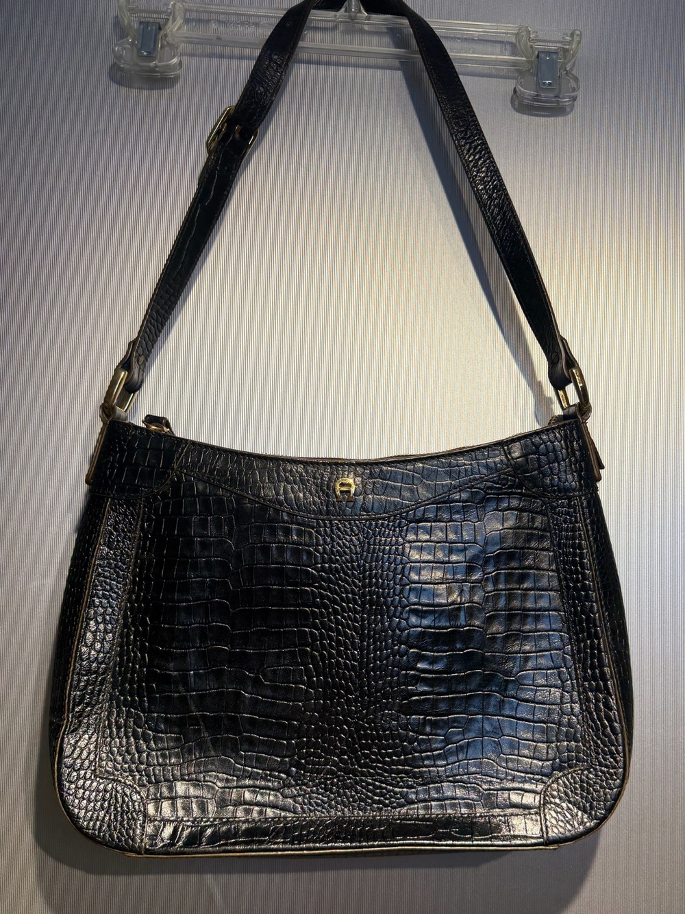 Vintage Etienne Aigner Black Croc Embossed Leather Shoulder Bag Y2k